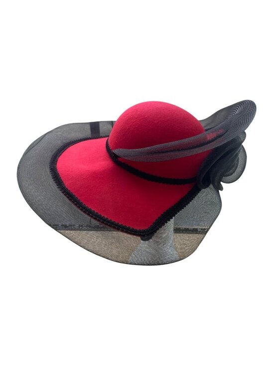 Wide Brim Red & Black Wool Fascinator Hat With Mesh Flower Detail Vintage Style main image 5
